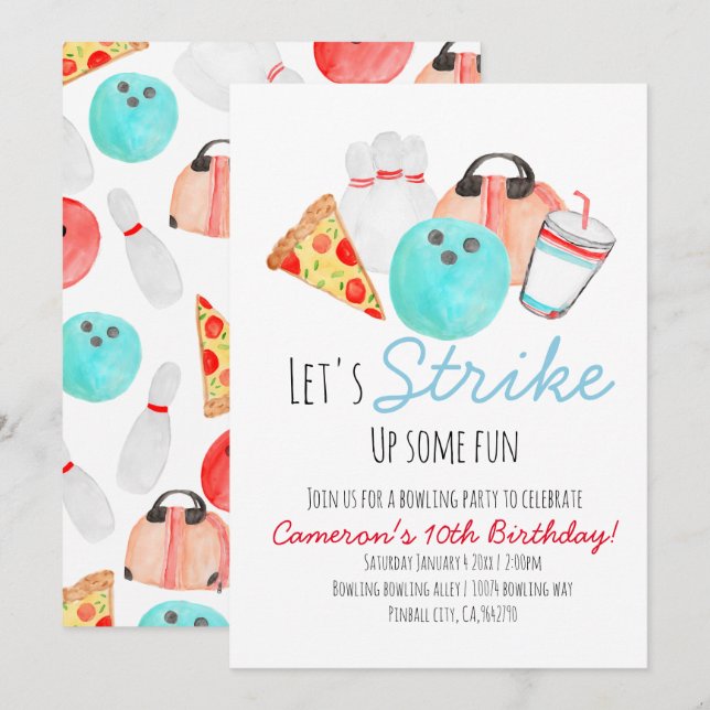 Bowling birthday party kid invitation (Front/Back)