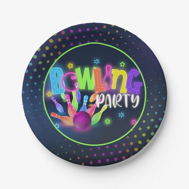 Bowling Birthday Party Paper Plate - Neon (Front)