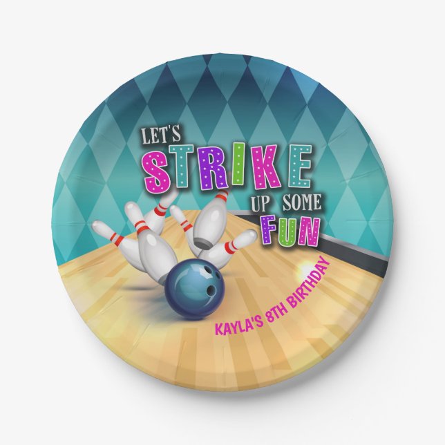 Bowling Birthday Party Plate - Girl (Front)