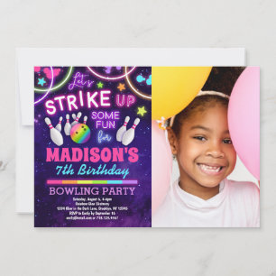 Bowling Birthday Party Rainbow Glow Photo Invitation