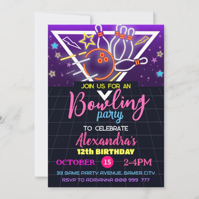 Bowling Birthday Party, Strike Neon Party Invitation (Front)