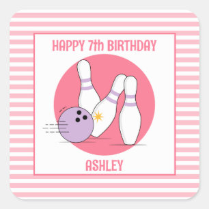 Bowling Birthday Party supplies decor Pink Purple Square Sticker