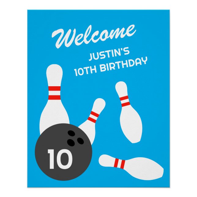 Bowling Birthday party template poster sign (Front)