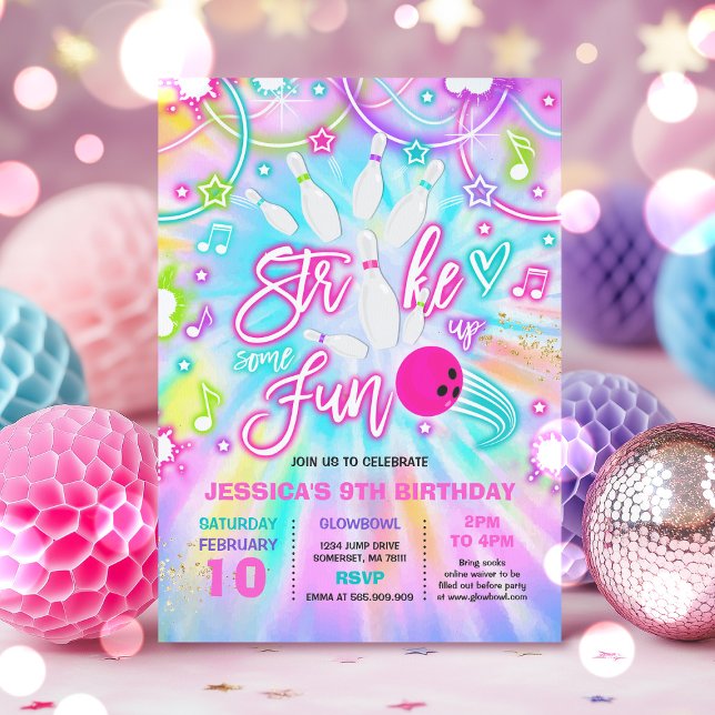 Bowling Birthday Party Tie Dye Glow Bowling Party Invitation (Creator Uploaded)