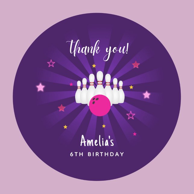 Bowling Birthday Pink Purple Stars Thank you Favou Classic Round Sticker (Creator Uploaded)