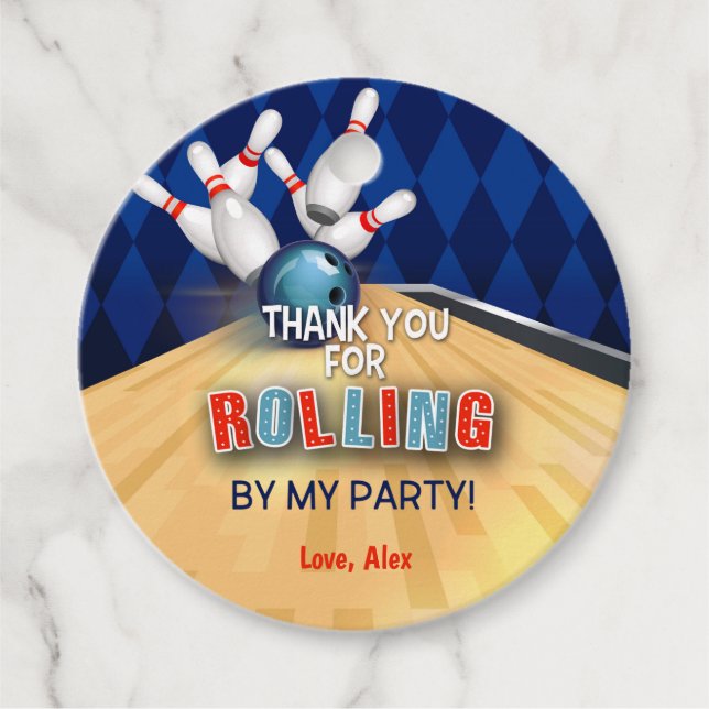 Bowling Birthday Round Favour Tag - Boy- Rolling B (Front)