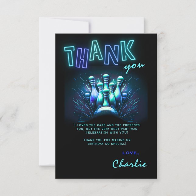 Bowling Birthday Thank You Card Boys Blue Neon (Front)
