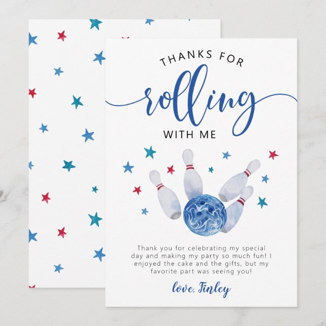 Bowling Blue Birthday Thanks For Rolling With Me  Thank You Card (Front/Back)