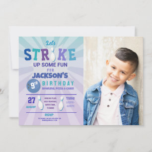 Bowling Blue Strike Photo Bowl Boys Birthday  Invitation