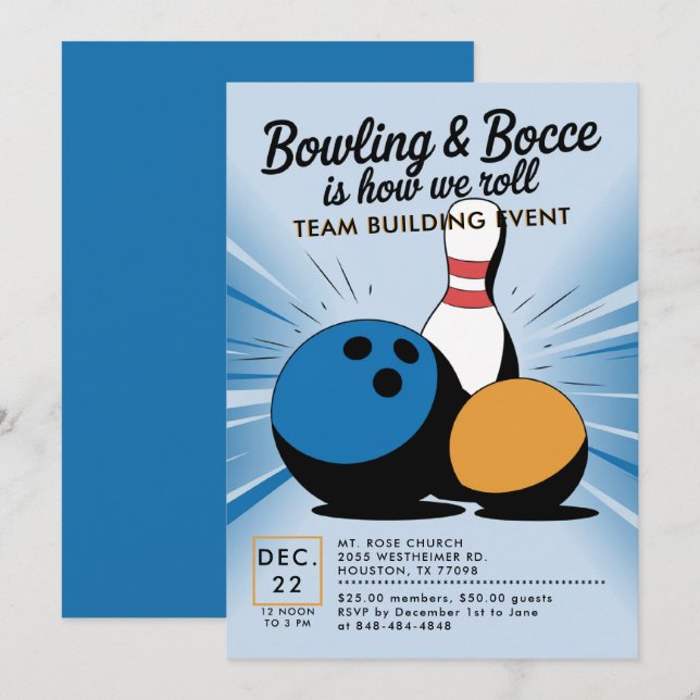 Bowling Bocce Team Building Church Business Blue Invitation (Front/Back)
