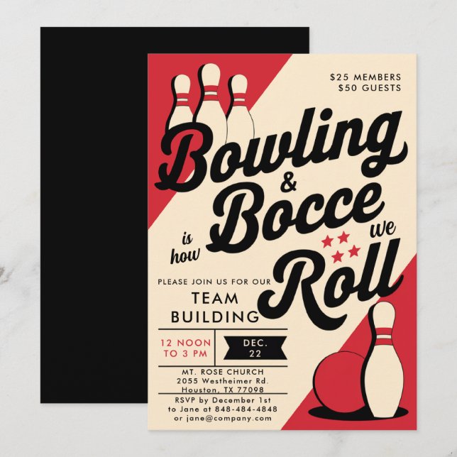 Bowling Bocce Team Community Church Business Red Invitation (Front/Back)
