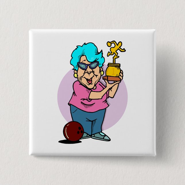 bowling champ granny cartoon 15 cm square badge (Front)