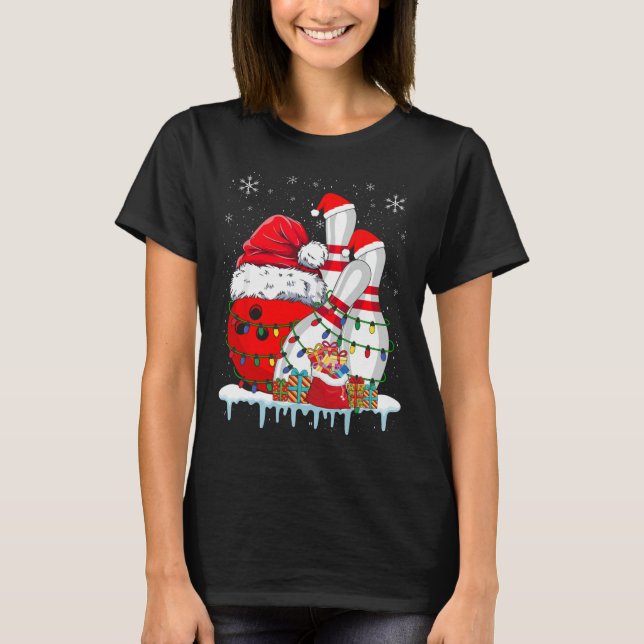 Bowling Christmas Bowling Santa Hat Christmas Ligh T-Shirt (Front)