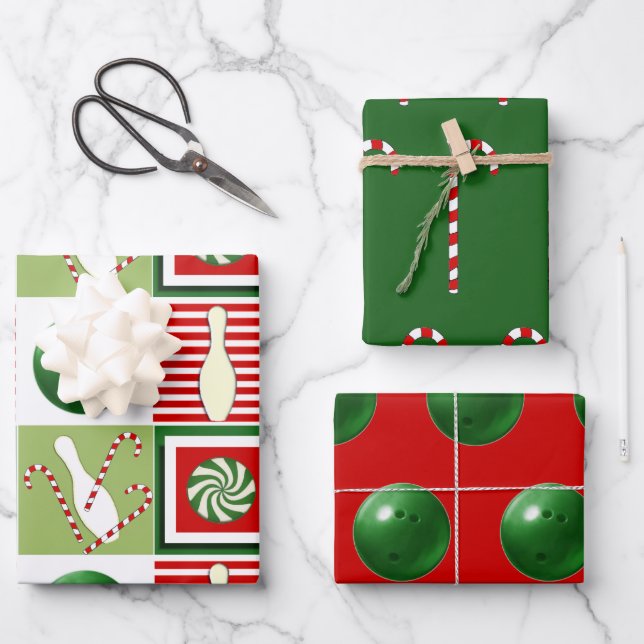 Bowling Christmas Holiday Gift Wrapping Paper Sheet (Front)