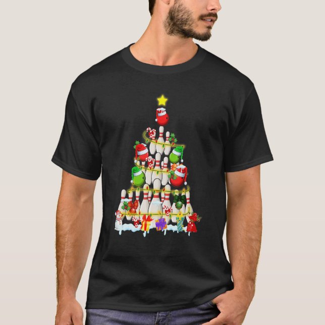 Bowling Christmas Tree  Bowling Player Xmas Light  T-Shirt (Front)