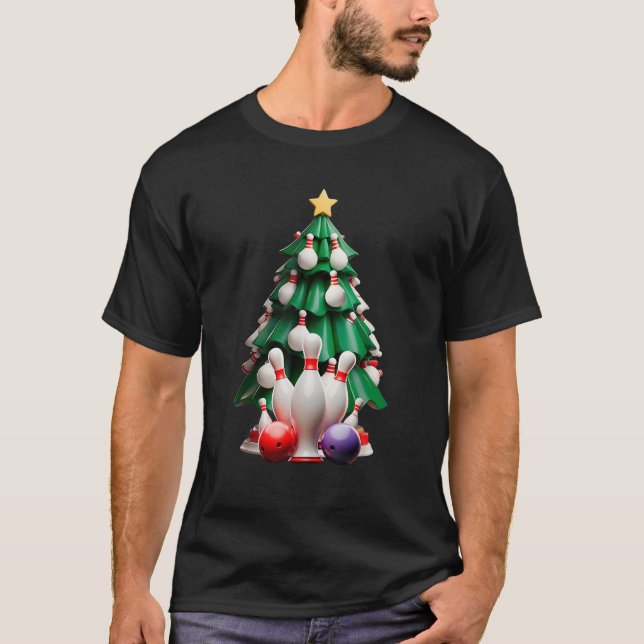 Bowling Christmas Tree Funny Xmas Design  T-Shirt (Front)