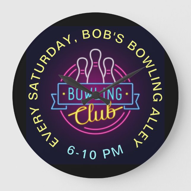 Bowling Club Neon Style Signs Custom Text Large Clock (Front)