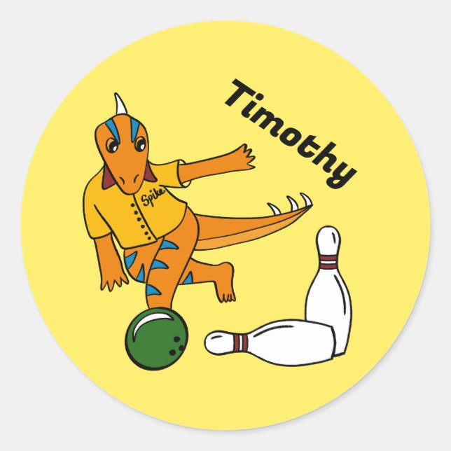 Bowling Dinosaur Cartoon Personalised Bowlers Classic Round Sticker (Front)