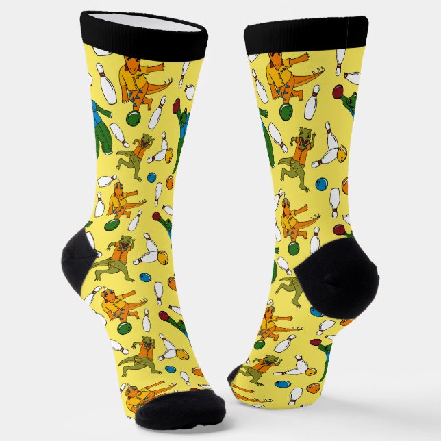 Bowling Dinosaurs Cartoons Patterned Bowlers Socks (Angled)