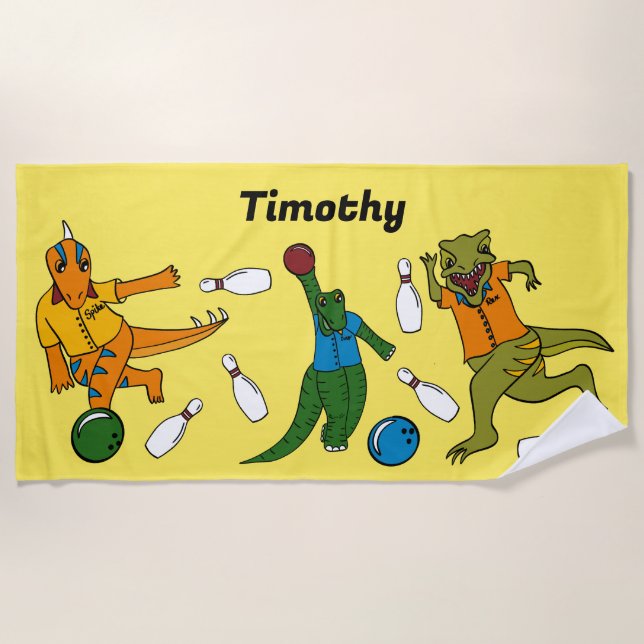Bowling Dinosaurs Cartoons Personalised Bowlers Beach Towel (Front)