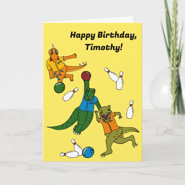 Bowling Dinosaurs Cartoons Personalised Bowlers Card (Front)
