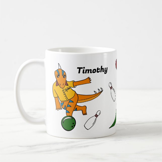 Bowling Dinosaurs Cartoons Personalised Bowlers Coffee Mug (Left)