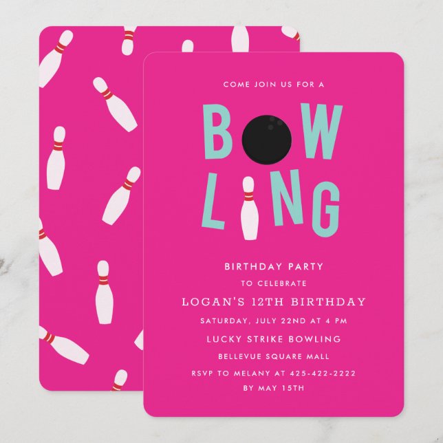 Bowling Fun Kid's birthday party Invitation_Pink Invitation (Front/Back)