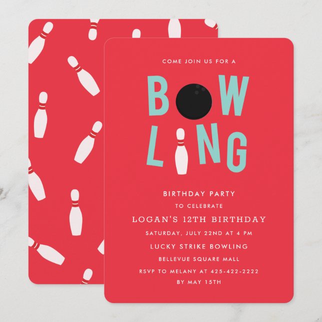 Bowling Fun Kid's birthday party Invitation_Red Invitation (Front/Back)
