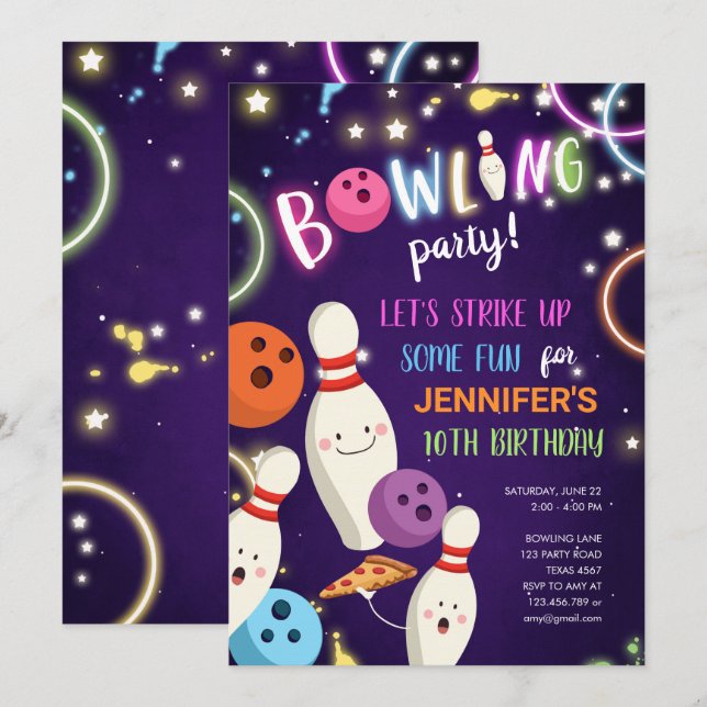 Bowling Glow Neon Disco Girl Birthday Invitation (Front/Back)