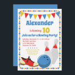 Bowling Invitation Boys Bowling Birthday Party<br><div class="desc">A fun bowling birthday invitation for your birthday boy or even adult. Featuring a bowling ball,  pins and bowling shoes. Blue,  red and yellow. Great for kids and grownups alike.</div>