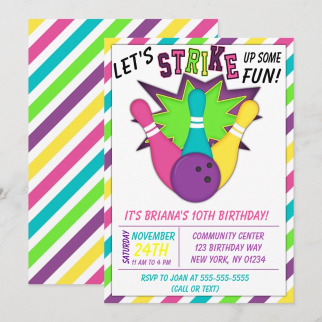 Bowling Invitation for a Girls Birthday Party (Front/Back)