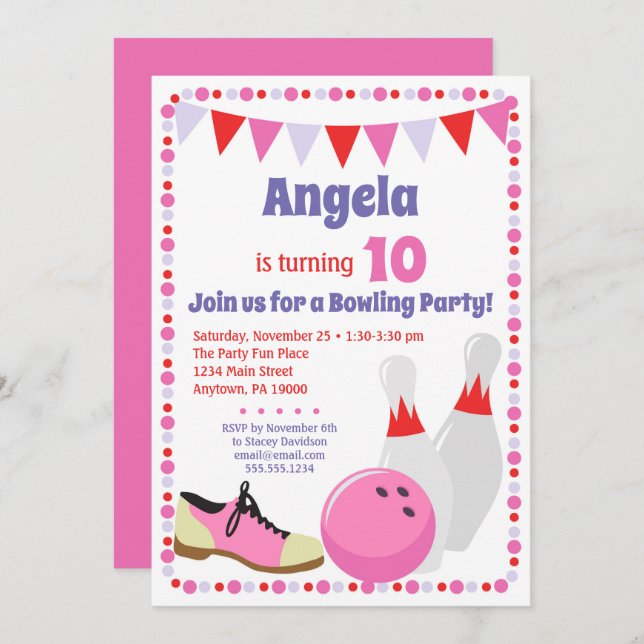 Bowling Invitation Girls Bowling Birthday Party (Front/Back)