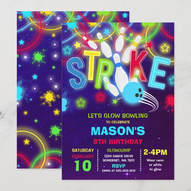 Bowling Invitation Glow Neon Bowling Birthday (Front/Back)