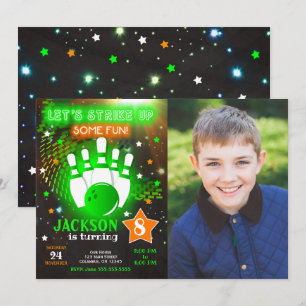 Bowling Invitation Glow Neon Boy Photo Birthday