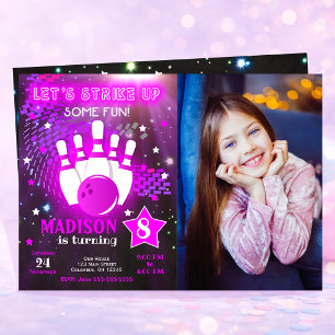 Bowling Invitation Glow Neon Girl Photo Birthday