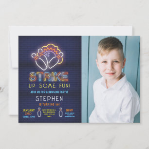 Bowling Invite Birthday Party Neon Photo Strike