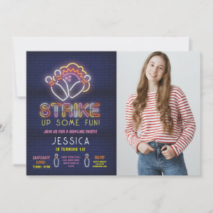 Bowling Invite Birthday Party Neon Photo Strike