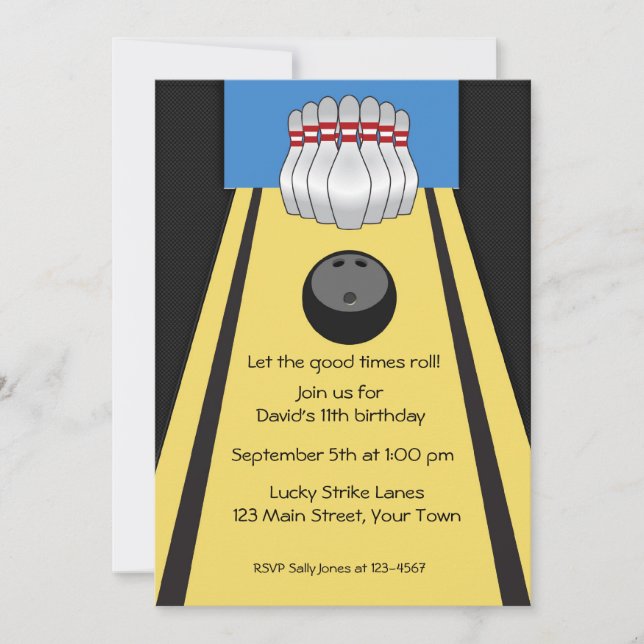 Bowling Lane, Pins, Ball, Party Invitation (Front)