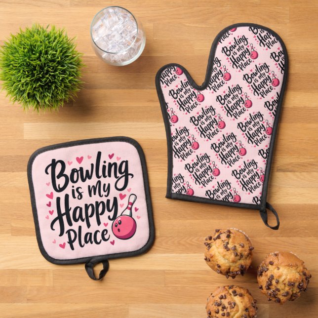 Bowling Lover Cute Retro Aesthetic Sports Design Oven Mitt & Pot Holder Set (Top Down)