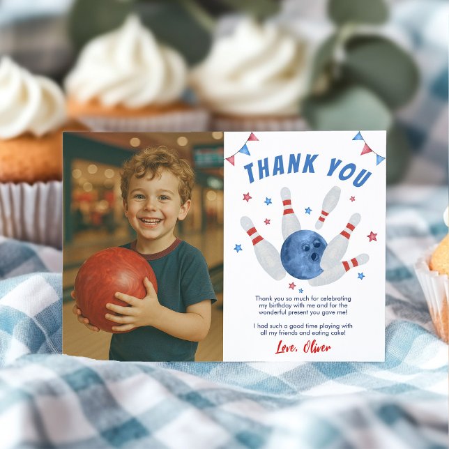 Bowling Modern Kids Birthday Party Photo Thank You Card (Creator Uploaded)