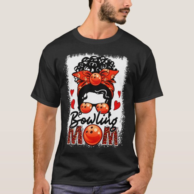 Bowling Mom Leopard Messy Bun Game Day Mother s Da T-Shirt (Front)