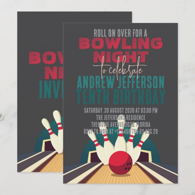 Bowling Movie let’s Roll Birthday Party Cinema Invitation (Front/Back)