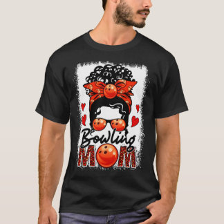 Bowling Mum Leopard Messy Bun Game Day Mother s Da T-Shirt