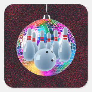 Bowling Neon Disco Ball Glitter Birthday Party Square Sticker