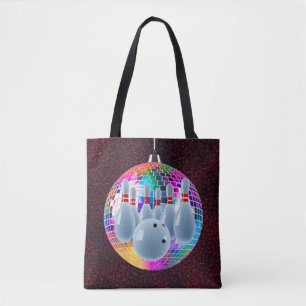 Bowling Neon Disco Ball Glitter Birthday Party Tote Bag