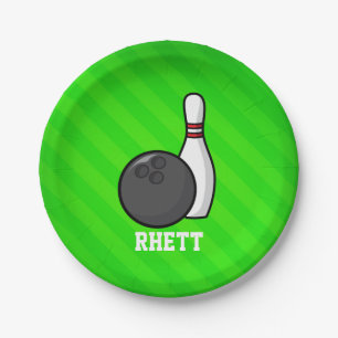 Bowling; Neon Green Stripes Paper Plate