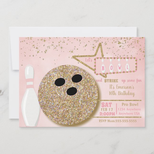 Bowling party, Birthday pink glitter look 10th Invitation (Front)
