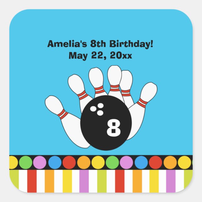 Bowling Party Birthday SQUARE Favour Sticker (Front)