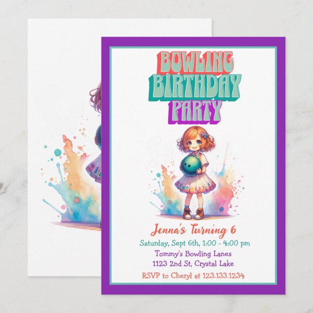 Bowling Party Girl's Anime Birthday Invite (Front/Back)