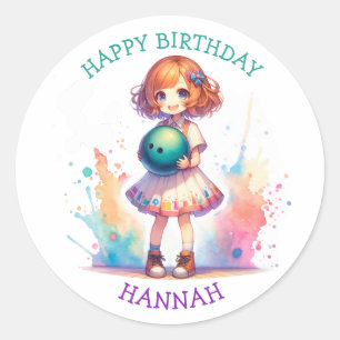 Bowling Party Girl's Anime Birthday Personalised  Classic Round Sticker